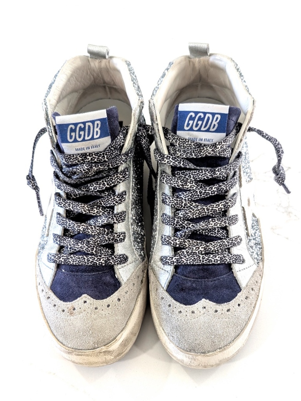 Golden Goose Deluxe Brand Mid Star Silver Glitter Metallic Blue Wave 6.5 37 New